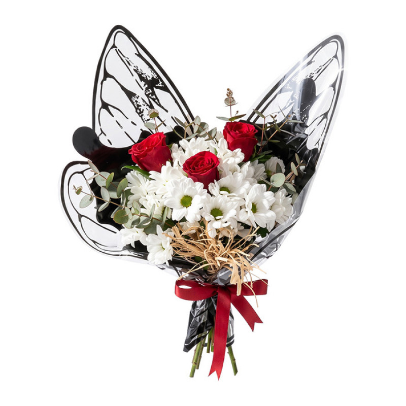 Kelebek Bukette Kırmızı Gül ve Beyaz Papatya (~50 cm)