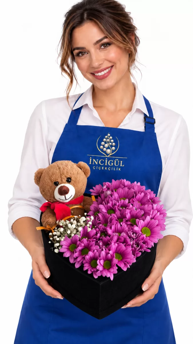 Kalpli Kutuda Pembe Papatya ve Peluş Ayıcık