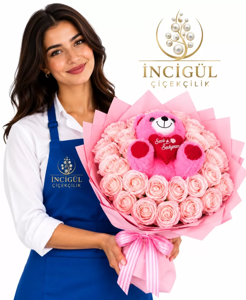Seni Seviyorum Yazılı Pembe Ayıcık ve Pembe Güller